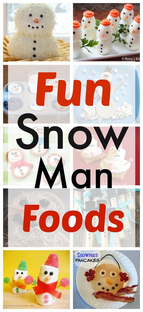 Christmas food, fun, snowman, food shaped like a snowman, snow, cheeseball, pancake snowman Snowman Food Craft, Banana Snowman For Kids, Snowman Themed Food, Snowman Dessert Ideas, Snowman Food Ideas, Snow Themed Food, Snowman Food, Frosty The Snowman Party, Snowman Birthday Party