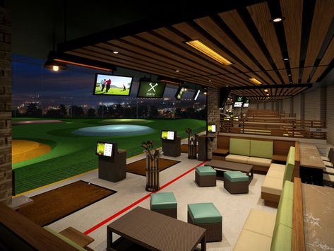 Golf Simulator Room With Bar, Golf Simulator Bar Design, Golf Indoor Simulator, Luxury Golf Clubhouse, Golf Simulator Home Theater, Steph Curry Golf, Golf Lounge, Golf Clubhouse, Golf Driving Range