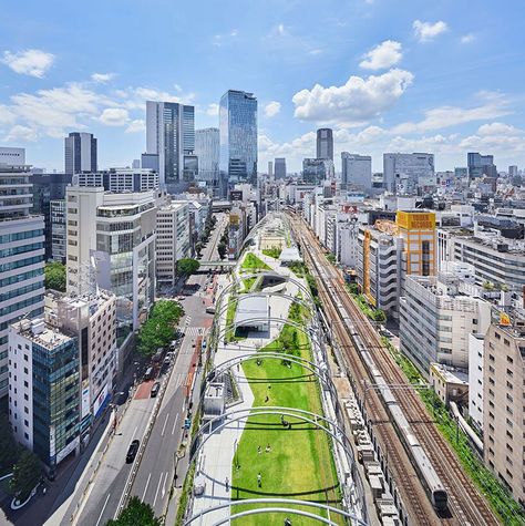 NIKKEN SEKKEI encloses its miyashita park in a set of green arches Parking Building, Kengo Kuma, Public Private Partnership, Urban Park, Pedestrian Bridge, Public Park, Urban Environment, Zaha Hadid, Environment Design