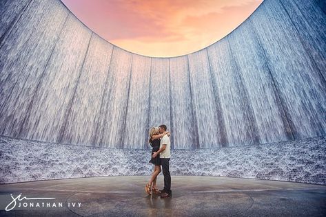 Houston Waterwall Engagement Photo by www.JonathanIvyPhoto.com #engagement #houston Engagement Outfit For Man, Engagement Photos Houston, Fun Engagement Photos, Rice University, Photo Shoot Location, Houston Photography, Houston Wedding Photographer, Houston Wedding, Couples Poses