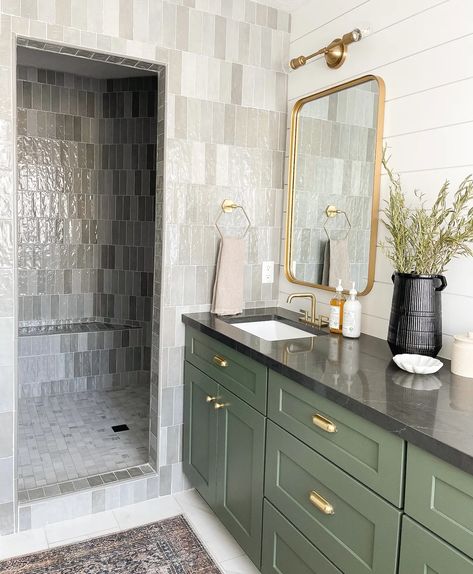 Master Bathroom Reveal: What we DIYed vs Hiring Out & Why - madam andrews l House Stuff Cleaning Tile Floors, Porcelain Mosaic Tile, Gorgeous Bathroom, Green Cabinets, Green With Envy, Installing Cabinets, Bathroom Wall Tile, Green Bathroom, Bathroom Renos