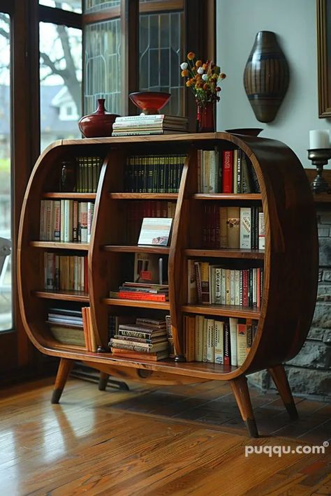 mid-century-modern-bookcase-2 Modern Bookcase Design, Mid Century Modern Bookcase, Bookcase Design, Modern Bookcase, Mid Century Modern Living Room, Style Deco, Mid Century Modern Decor, Stylish Storage Solutions, Funky Furniture