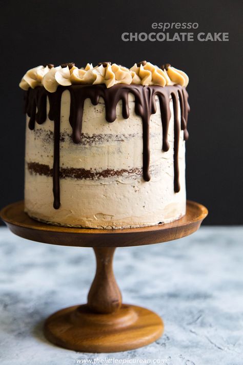 Four layers of dark chocolate cake frosted with espresso buttercream and topped with melted chocolate. This espresso chocolate cake is perfect for coffee Mocha Birthday Cake, Coffee And Chocolate Cake, Espresso Cake Recipe, Espresso Chocolate Cake, Espresso Buttercream, Chocolate Cake Frosting, Chocolate Espresso Cake, Espresso Cake, Swiss Buttercream