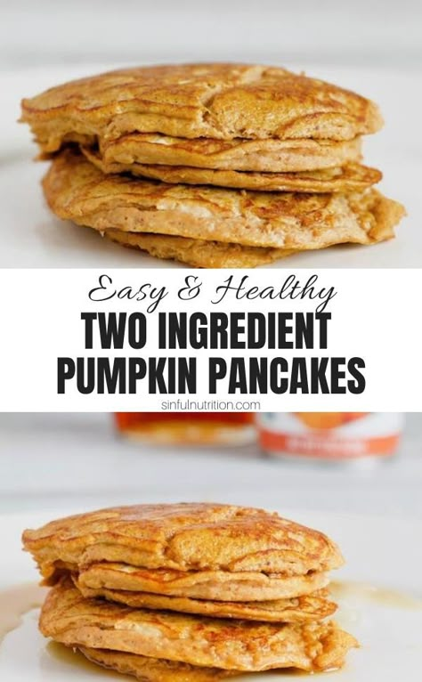 These 2 ingredient pumpkin pancakes are super easy to make, gluten-free, and requires no flour, oil, or refined sugar! A simple and healthy breakfast recipe for the fall season! | @sinfulnutrition #sinfulnutrition #EasyGlutenFreePumpkinPancakes #FlourlessPumpkinPancakes Gluten Free Pumpkin Pancakes, Pumpkin Pancakes Easy, Pumpkin Pancake Recipe, Pumpkin Recipes Healthy, Healthy Breakfast Recipe, Pumpkin Recipes Easy, Gluten Free Breakfast, Two Ingredient, Pancake Recipe Easy