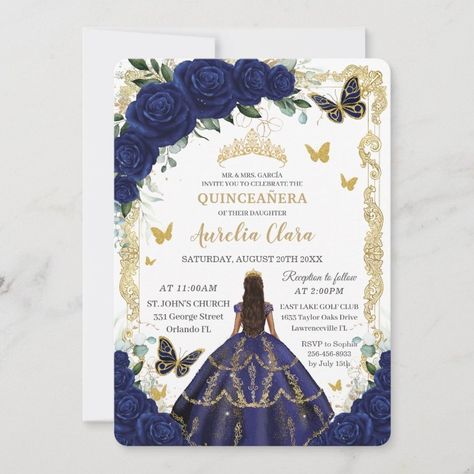 QuinceaÃ±era Royal Blue Floral Gold Princess  Invitation  Zazzle Navy Blue And Gold Quince, Midnight Blue Quince, Navy Quince, Blue And Gold Quince, Blue Quince Ideas, Navy Blue Quince, Quinceanera Invites, Floral Sweet 16, Sweet 16 Birthday Ideas