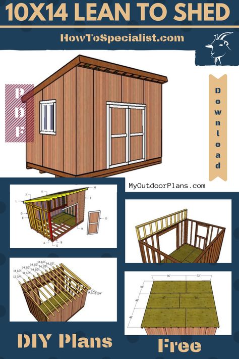 This is an easy tutorial on how to build a 10x14 lean to shed. If you want to learn more you need to follow my step by step drawings and lean to shed plans. Cut / Shopping lists included. PDF download and Print friendly. #diy #shed #leantoshed 10x14 Shed Plans, Small Storage Shed, 10x14 Shed, Storage Building Plans, Shed House Ideas, Diy Shed Kits, Lean To Shed Plans, Wood Shed Plans, Lean To Shed