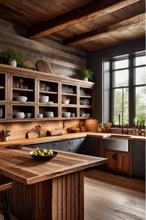 Discover the essential design elements required to achieve a warm and timeless farmhouse aesthetic in your kitchen. Master the rustic charm with these 8 key elements for creating an inviting and classic look that will elevate your space. Experiment and embrace the simplicity of farmhouse decor to transform your kitchen into a cozy retreat perfect for gatherings and daily routines. Simple Cabin Kitchen, Wooden Cabinets Kitchen Rustic, 1850s Kitchen, Old Farm Kitchen, Kitchen With No Upper Cabinets, Contemporary Rustic Kitchen, Chalet Kitchen, Log Cabin Kitchen, Reno Kitchen