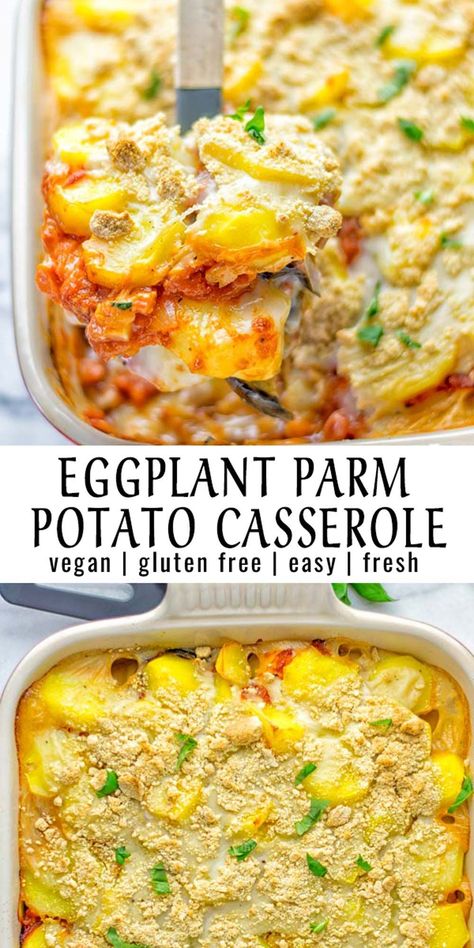 This easy Eggplant Parmesan Potato casserole is so easy to make, filling, mouthwatering, satisfying and a winning combo for everyone who loves comfort food. 100% vegan. #vegan #potatorecipes #fallrecipes #contentednesscooking #lunch #dinner #mealprep #holidays Vegan Eggplant Casserole, Eggplant Potato Recipe, Vegan Potato Casserole, Vegan Casseroles, Vegetable Ideas, Parmesan Potato, Cooking Eggplant, Vegan Eggplant, Vegan Casserole