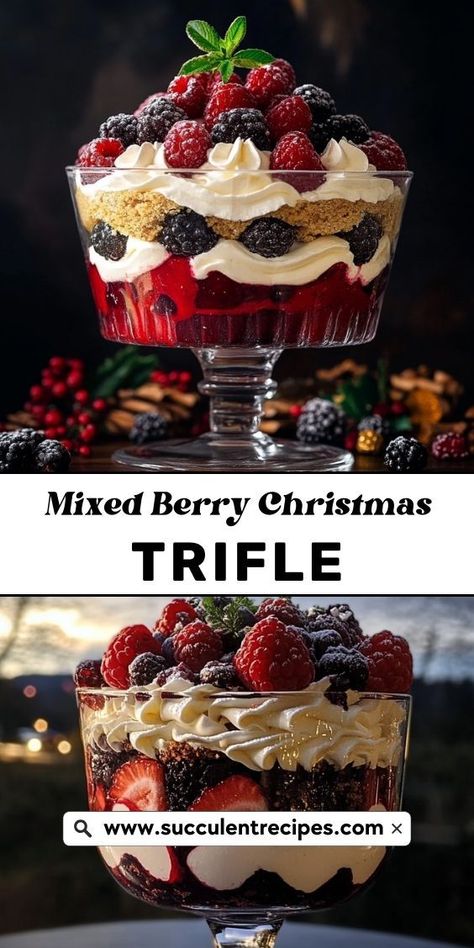 Wow your guests with this Easy Mixed Berry Christmas Trifle! A simple yet elegant dessert, it combines juicy berries, cake, and creamy layers, making it the perfect sweet ending to any holiday meal. Holiday Trifle Desserts, Christmas Trifle Recipes, Trifle Recipes Easy, Berries Cake, Trifle Bowl Recipes, Trifle Dessert Recipes, Christmas Trifle, New Year's Desserts, Trifle Recipes