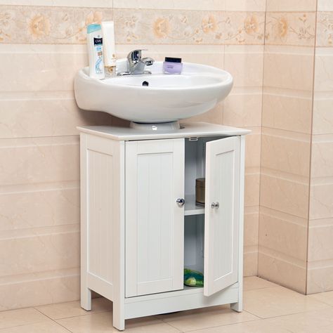 Sink Cabinet Diy, Pedestal Sink Cabinet, Slimline Bathroom Storage, Bathroom Under Sink Storage, Under Bathroom Sink Storage, Diy Bathroom Sink, Pedestal Sink Storage, Sink Cupboard, Bathroom Basin Cabinet