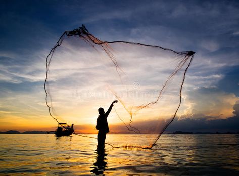 Silhouette of fisherman casting fishing net into the sea. Hunting for Sunset. Si , #Affiliate, #fishing, #net, #casting, #Silhouette, #fisherman #ad Fisherman Throwing Net, Sunset Acrylic, Creative Juice, Brochure Template Psd, Sunset Silhouette, Food Logo Design, Food Logo, Fish Man, Fishing Net