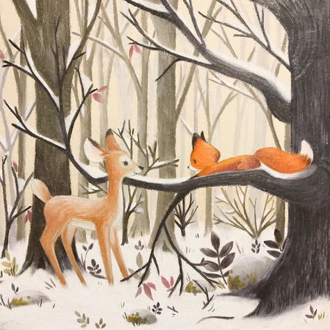 Little fox and deer on Behance Fox And Deer, Drawing With Colored Pencils, Cute Fox Drawing, Deer Art Print, Deer Illustration, Fox Drawing, Fox Gift, Fox Illustration, Yellow Decor