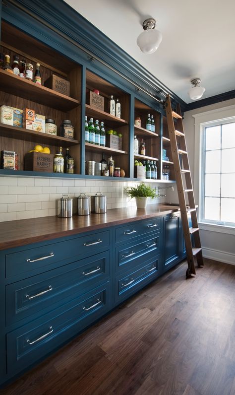 Pantry Cabinet Pantry with Navy Blue and Walnut Countertop Walnut Shelves and a custom Walnut ladder to reach the upper cabinets Pantry Navy Blue Pantry Pantry Pantry Cabinets #Pantry #PantryCabinet #navybluecabinet #WalnutCountertop #WalnutShelves #Walnutladder #walnutladder #cabinetladder House Pantry, Navy Blue Kitchen, Pantry Room, Kabinet Dapur, Young House Love, Kitchen Pantry Design, Blue Cabinets, Blue Kitchen, Pantry Design