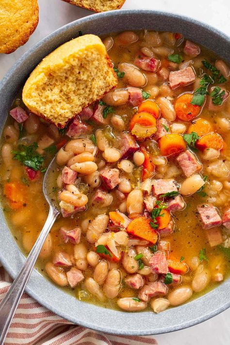 Instant Pot Ham and Bean Soup - iFoodReal.com Instant Pot Ham Bone Soup, Instapot Hambone Soup, Insta Pot Ham And Bean Soup Recipes, Ham And Bean Instant Pot Soup, Navy Bean And Ham Soup Instant Pot, Ham And Bean Soup Recipes Instant Pot Dried Beans, Instant Pot Bean Soup With Ham Bone, Lima Beans And Ham, Healthy Cornbread