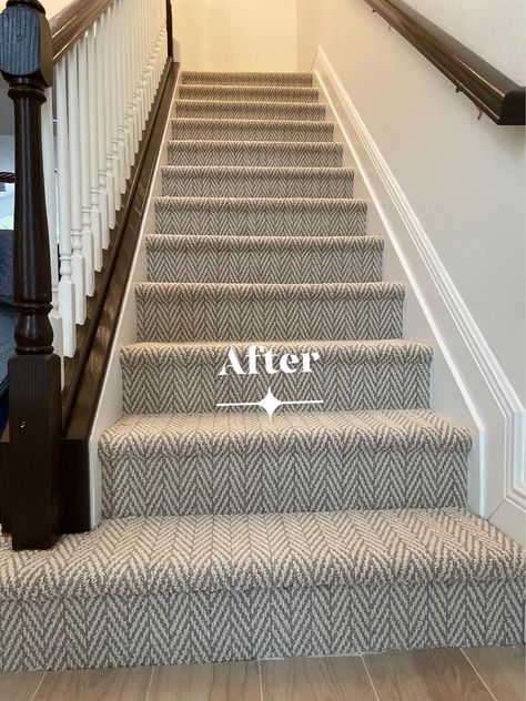 Staircase Makeover With Carpet, Flooring Options For Stairs, Update Carpeted Stairs, Carpet Staircase Makeover, Accent Carpet Stairs, Neutral Stair Carpet Ideas, Taupe Stair Runner, Carpet Stairs Modern, Burbur Carpet Stairs