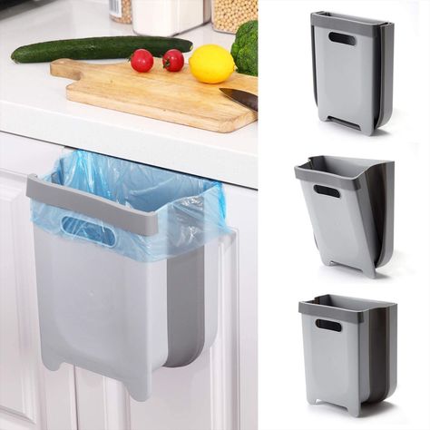 Auhafaly Hanging Collapsible Trash Can - 9L Wall Mounted Foldable Waste Bin for Kitchen Cabinet Door - Quickly Clean Counter, Sink, Bathroom - RV, Car, Camping Folding Garbage Basket (Gray) Counter Sink Bathroom, Rv Car, Rv Kitchen, Bathroom Trash Can, Clothes Hamper, Kitchen Cabinet Door, Kitchen Trash Cans, Waste Bin, Sink Bathroom