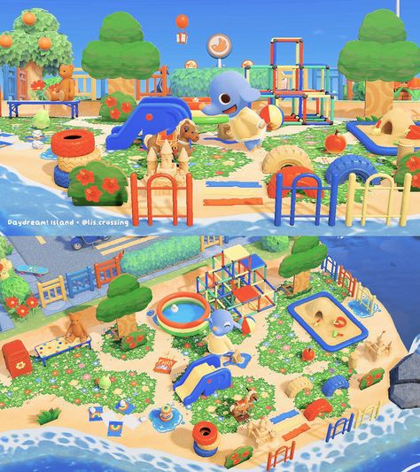 Anch Park Ideas, Acnh Kidcore Playground, Acnh Daycare Ideas, Acnh Fairground Ideas, Acnh Playground Design Ideas, Kidcore Ideas Acnh, Acnh Playground Path, Acnh Water Park, Acnh Theme Park Ideas