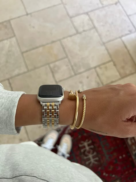 How To Wear Apple Watch With Bracelets, Women’s Watch Styling, 45mm Apple Watch Band, Bracelet Stacking With Apple Watch, Michele Apple Watch Band, I Watch Accessories, Apple Watch Band For Women, Apple Watch Starlight Outfit, Wrist Stack With Apple Watch