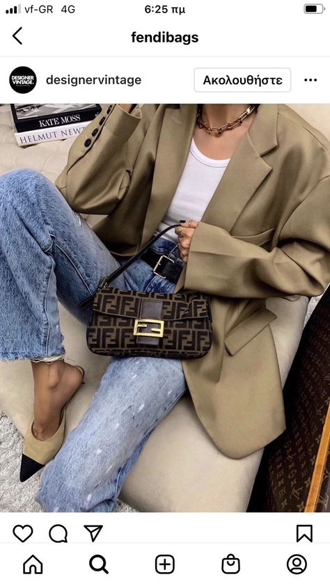 Fendi Zucca Baguette Outfit, Fendi Baguette Outfit, Fendi Bag Outfit, Fendi Zucca Baguette, Fendi Baguette Bag, Kate Moss, Fendi Baguette, Fendi Bags, Cloth Bags