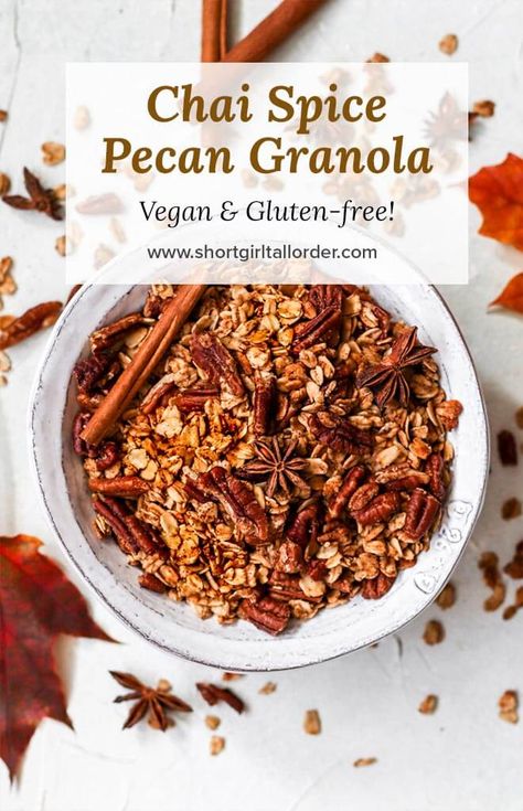 This Chai Spiced Pecan Granola is filled with nutmeg, cinnamon, cardamom, ginger, cloves, and black pepper for the perfect spiced granola recipe. This homemade granola is healthy, sweetened with maple syrup, made crunchy with coconut oil, & makes the best breakfast or brunch recipe. This healthy granola is also vegan, gluten-free, & refined sugar-free! #vegan #chai #granola #glutenfree #recipe #sgtoeats Vegan Granola Recipe, Gluten Free Spices, Smell Like Christmas, Pecan Granola, Maple Granola, Granola Recipe Healthy, Honey Granola, Vegan Granola, Granola Recipe Homemade