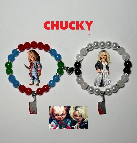 CHUCKY x TIFFANY 🩸💍🔪 Available tonight at 6 PM Eastern standard time! • • • • • • • • #bracelets #chucky #charlesray #braceletoftheday #jewelry #tiffanyandchucky #explore #instagood #explorepage+ #viral #scarymovie #scarymovies #horrormovies #horror #tiffanyvalentine #couplebracelet #monster #villians #chuckydoll #brideofchucky #horrorcosplay #matching #friendshipbracelets #originaldesign #beads #jennifertilly #movies #chuckyseries #scarycore #horrormovie Horror Bracelet Ideas, Scream Bracelet, Chucky X Tiffany, Horror Bracelet, Character Bracelets, Tiffany Chucky, Girly Bracelets, Bff Bracelets, Bride Of Chucky