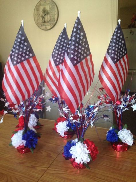 4th Of July Office Decorations, 4th Of July Table Centerpieces, July Crafts For Adults, Patriotic Flower Arrangements, Blue Flower Centerpieces, Patriotic Table Decorations, 4th Of July Crafts, Army Retirement, Luncheon Ideas