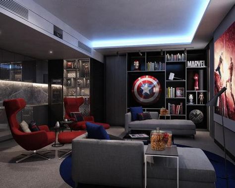 Sala Nerd, Disney Kids Rooms, Themed Hotel Rooms, Marvel Bedroom, Avengers Room, Casa Disney, Marvel Room, Geek Room, Nerd Room