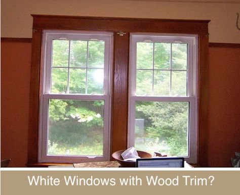 White Windows With Wood Trim, Wood Windows White Trim, Windows With Wood Trim, White Vinyl Windows, Wood Window Trim, Installing Replacement Windows, White Window Trim, Old Wood Windows, Dark Wood Trim