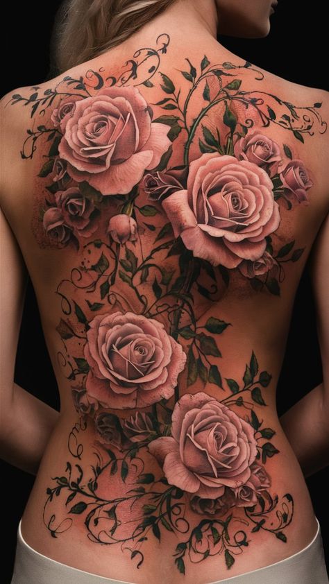 Roses Wrap Around Tattoo, Full Body Rose Tattoo, Full Body Floral Tattoo Women, Full Back Tattoo Sketch, Full Body Flower Tattoo, Back Tattoo Sketch, Back Rose Tattoo, Full Back Piece Tattoos For Women, Cool Back Tattoos For Women