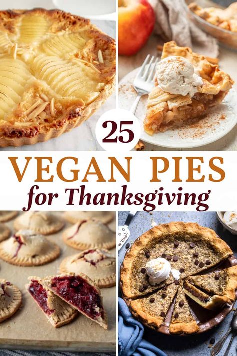 The best vegan pie recipes to serve at Thanksgiving and Christmas! From pumpkin and apple to chocolate and banana cream, all of the amazing flavors you need are here in this list. With many gluten-free options. Find your new favorite vegan pie recipe plus tips for serving and the best pie crusts and whipped topping options! Pie Recipes Vegetarian, Vegan Thanksgiving Pie Recipes, Dairy Free Pies Recipes, Vegan Mini Pumpkin Pies, Easy Vegan Pie Recipes, Vegan Pie Recipes Desserts, Vegan Fruit Pie, Vegan Sweet Potato Pie Recipes, Tofurkey Recipes Vegan