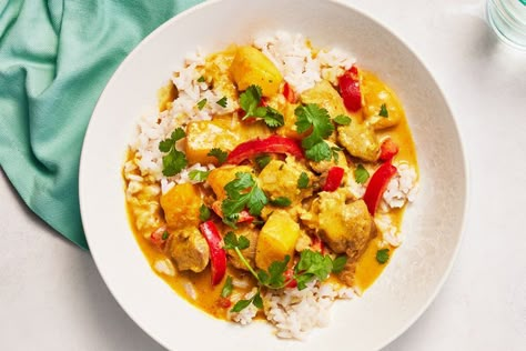 Mango Chicken Curry with Coconut Rice Chicken Orzo Skillet, Orzo Skillet, Mango Chicken Curry, Mango Chicken, Easy Chicken And Rice, Frozen Mango, Chicken Orzo, Coconut Rice, Curry Chicken Recipes