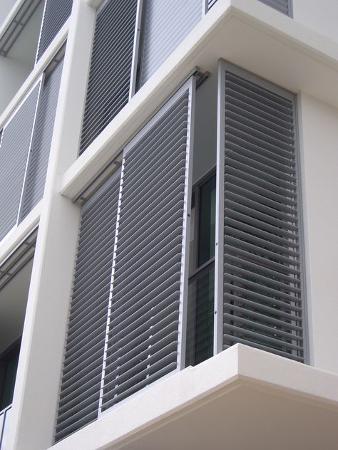 Exterior Shutter Enclosures | The Shade Shop Door Window Blinds, Shutter Interior, Window Grills, Window Shutters Exterior, Home Window Grill Design, Window Grill Design Modern, Sliding Shutters, Interior Window Shutters, Balcony Grill