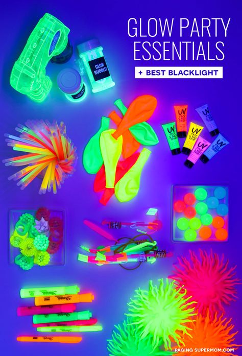 Glow In The Dark Party At Home, Sweet 16 Party Neon Glow In The Dark, Glow Party Favors Goodie Bags, Uv Party Decorations, Glow Birthday Party Cake, Glow Party Snacks, Glow Sleepover Party, Glow In The Dark Party Ideas For Teens, Neon Candy Bar