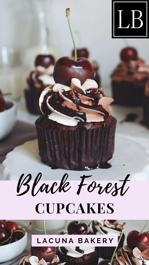 The ultimate cherry chocolate goodness – the black forest cupcake! A moist chocolate cake filled with cherries, topped with vanilla and chocolate buttercream, chocolate syrup and a delicious chocolate dipped cherry – seasoned with cherry brandy just like the classic black forest cake!