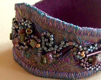 Fabric Cuff Bracelets Diy, Cuff Bracelets Diy, Fabric Cuff Bracelet, Embroidered Bracelet, Fancy Jasper, Fiber Art Jewelry, Gray Bracelet, Fabric Bracelets, Fabric Collage