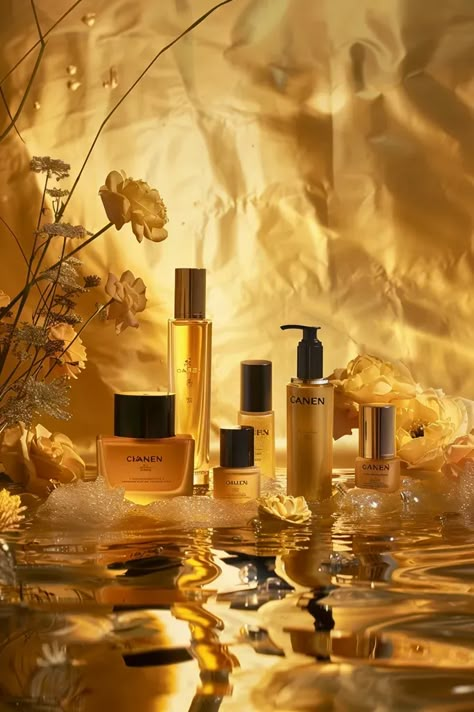 The image is a product shot of a line of skincare products. The background is a warm, golden color, and the products are arranged on a reflective surface, with a few yellow roses placed around them ->> more details in ai-img-gen.com Golden Set Design, Reflective Product Photography, Luxury Skincare Product Photography, Cosmetic Products Photography, Golden Hour Product Photography, Fragrance Photoshoot, Luxury Product Photography, Luxury Skincare Products, Gold Skincare