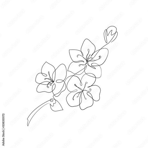 Single Line Cherry Blossom Tattoo, Japanese Jasmine Flower Tattoo, Jasmine Line Art, Jasmine Flower Line Art, Japanese Flower Tattoo Stencil, Rhododendron Tattoo Simple, Fine Line Plumeria Tattoo, Almond Flower Tattoo, Flower Line Art Tattoo