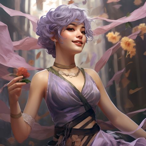 Concept Character for one-shot DnD. DND, character design, purple hair, woman monk, young, Bard, short-hair. Purple Dnd Character, Purple Hair Female Character Art, Halfling Bard Female, Character Design Purple Hair, Sister Character Design, Half Elf Bard Female, Androgynous Dnd Character, Elf Short Hair, Dnd Bard Female