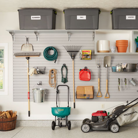 Say goodbye to clutter and hello to efficiency! 🚀 With Inspired Closets Kansas City, discover the art of maximizing your garage with Slatwall installations, making hanging and storing your tools a breeze. Garage Slat Wall Ideas, Garage Camping Storage, Garage Organization Wall Systems, Garage Slat Wall, Grid Wall Storage Garage, Garage Layout, Garage Storage Slat Wall, Garage Slat Wall Organization, Slat Wall Garage Organization