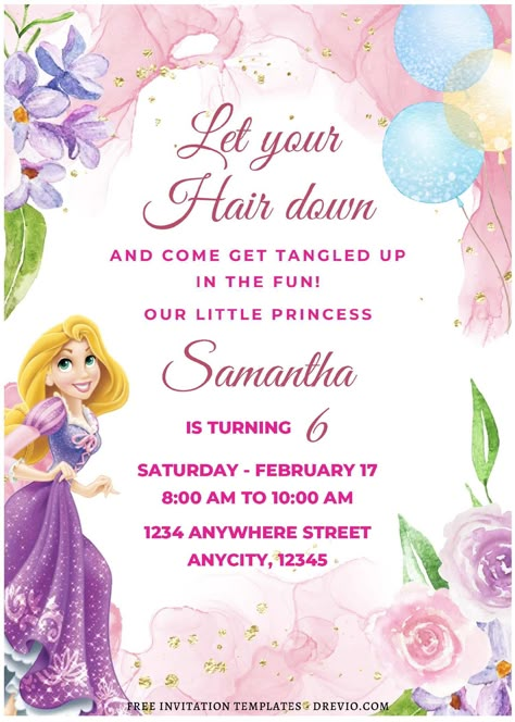 Cool (Free Editable PDF) Dreamy Floral Rapunzel Birthday Invitation Templates           Are you prepared for the main event? If you're in search of the perfect theme for your child's birthday, complete with enjoyable outdoor activiti... Rapunzel Theme Invitation, Rapunzel Birthday Party Invitations, Rapunzel Party Invitations, Rapunzel Birthday Invitation Template, Tangled Party Invitations, Tangled 1st Birthday Party, Rapunzel Invitation Template, Tangled Birthday Invitations, Tangled First Birthday Party