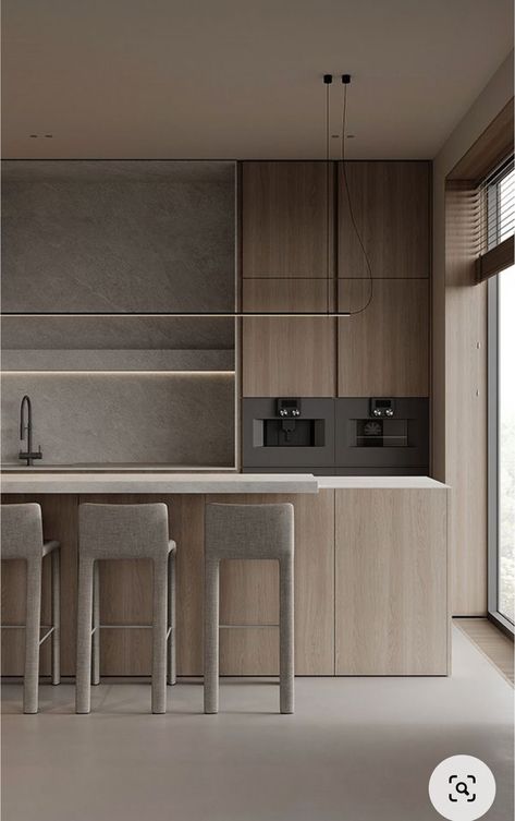 Zen Furniture, Greige Kitchen, Modern Wood Kitchen, Ideas Cocina, Beige Minimalist, Kitchen Counter Decor, Kitchen Installation, Modern Houses Interior, Luxury Homes Interior