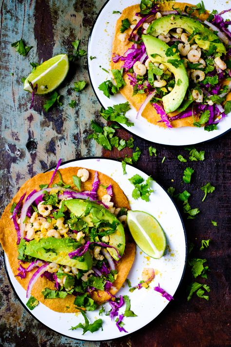 Shrimp Tostadas with Red Cabbage and Avocado Tostadas With Flour Tortillas, Healthy Tostadas, Air Fryer Corn Tortillas For Tostadas, Shrimp Avocado Tostadas, Cabbage Tostadas, Vegan Spanish Tortilla, Gundry Recipes, Shrimp Tostadas, Lectin Free Foods