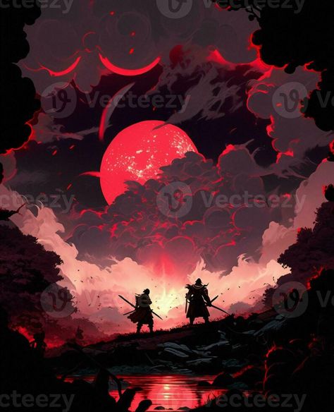 anime art of two people on horseback in front of a red moon. generative ai. Moon Graphic, Red Moon, Environment Design, Moon, Vector Free, Anime Art, Doodles, Photo And Video, Red