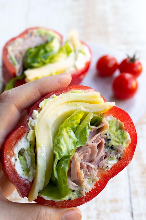 This healthy bell pepper sandwich is a delicious low carb alternative to a sandwich with bread. You can assemble it in 5 minutes and it will satisfy any sandwich craving.