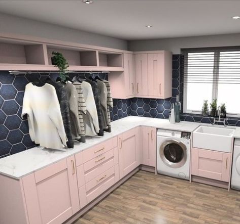 Pastel Pink Kitchen, Utility Laundry Room, Pink Laundry, Pink Laundry Rooms, Laundy Room, Laundry Room Wall Art, Utility Design, Kitchen Utility, Dream Laundry Room