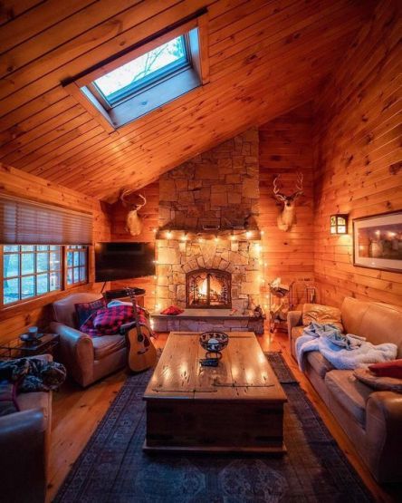 The cosiest log cabins with fireplace to cheer you up - Missmv.com Cabin Living Room, Cabin Interiors, Cabin Living, Log Cabin Homes, Tiny House Cabin, Cabin Style, Small Cabin, Cabins And Cottages, Cabin Life