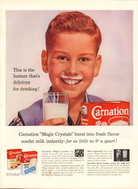 https://flic.kr/p/2hGsms2 | 1960 Carnation Instant Milk Advertisement Life Magazine February 8 1960 | 1960 Carnation Instant Milk Advertisement Life Magazine February 8 1960 Milk Advertisement, Hip Jewelry, Classic Advertising, Vintage Advertising Art, Ice Cream Candy, Natural Protein, Retro Images, Flavored Milk, Retro Ads