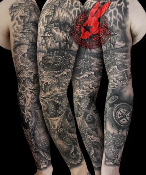 Octopus Tentacle Anchor Skull Wave Water | Tattoos Ship And Waves Tattoo, Ship In A Storm Tattoo, Shipwreck Tattoo Sleeve, Sea Storm Tattoo, Sea Tattoo Sleeve Ocean Themes, Black Pearl Ship Tattoo, Pirate Ship Tattoo Sleeve, Ocean Tattoos Sleeve Underwater, Realistic Wave Tattoo