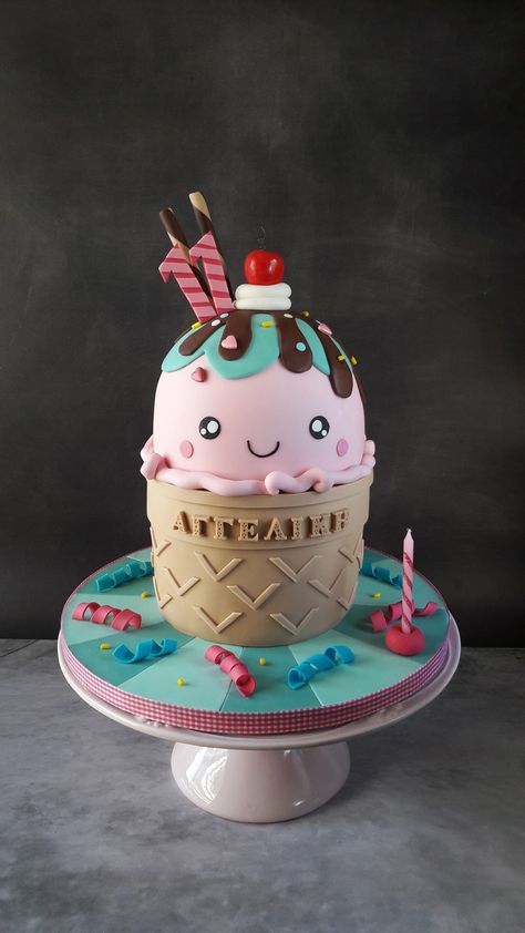 Cake For Ice Cream Theme, Ice Cream Cake Designs Birthday Parties, Ice Cream Fondant Cake, Cake That Looks Like Ice Cream, Ice Cream Shape Cake, Ice Cream Cone Shaped Cake, Birthday Cake Ice Cream Theme, Ice Cream Shaped Cake, 3d Birthday Cakes