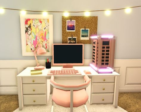 just something i built for fun ૮ ˶ᵔ ᵕ ᵔ˶ ა Bloxburg Gaming Setup, Vanity Ideas Bloxburg, Bloxburg Game Room, Vanity Bloxburg, Bloxburg Vanity Ideas, Bloxburg Desk Ideas, Bloxburg Vanity, Diy Vanity Ideas, Girly Gaming Setup